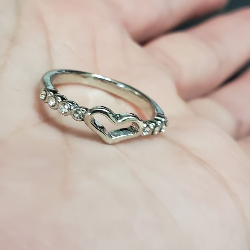 Silver tone heart and rhinestones ring size 5.75ish